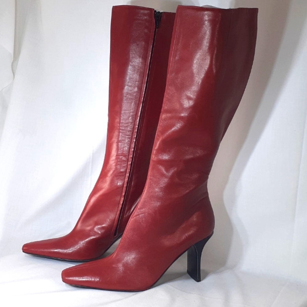 Robert clergerie red leather knee-high pointed toe boots size 8